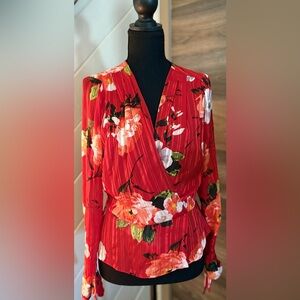 Guess Red Floral Wrap Top